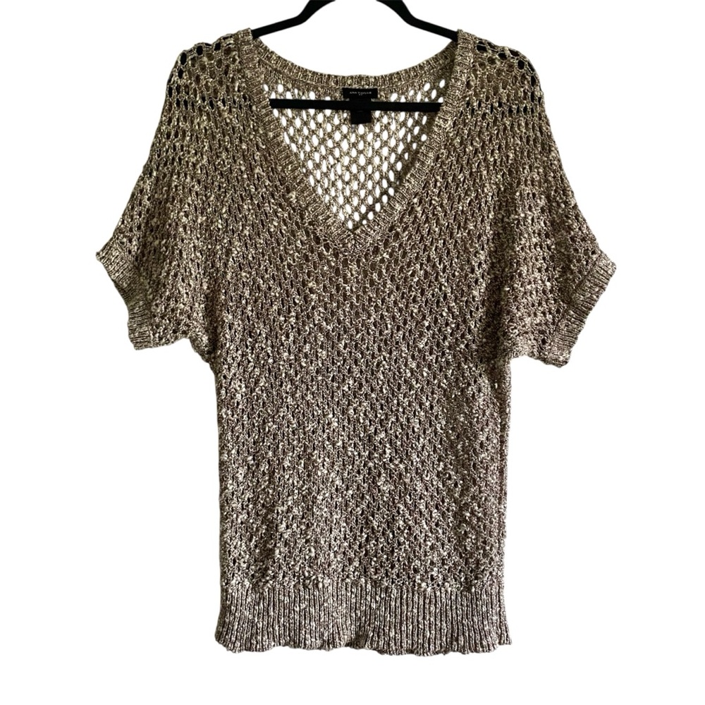 Ann Taylor Open Knit Crochet Sweater Short Sleeve V Neck Neutral Boho M